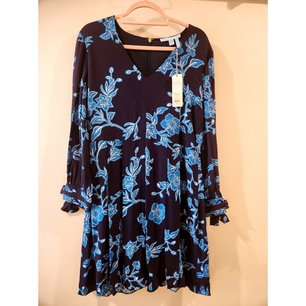 Draper James Floral Tie Sleeve Dress Size‎ 12 Navy Blue Women's Long Sleeve